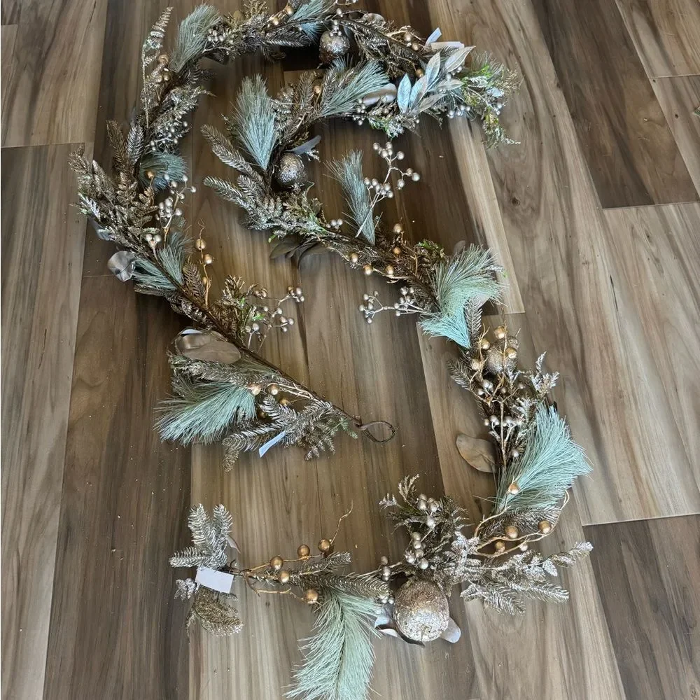 Modern Christmas Holiday Gold & Green Pine Glitter Garland